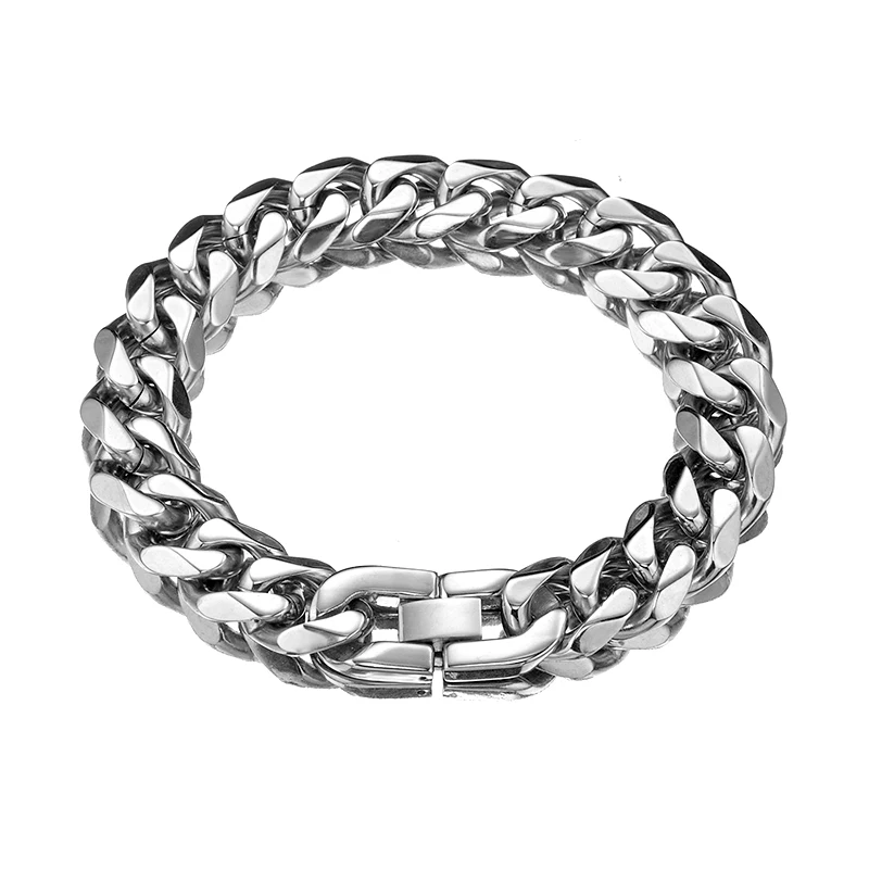 

Top Polishing Silver Color 15mm Wide Stainless Steel Men's Curb Cuban Link Chain Bracelet For Men 7-11 Inches Wholesale Jewelry