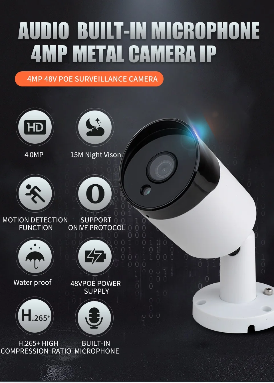 PoE IP камера 4MP аудио Пуля безопасности наружная камера видеонаблюдения CCTV ночного видения видео наблюдения H.265