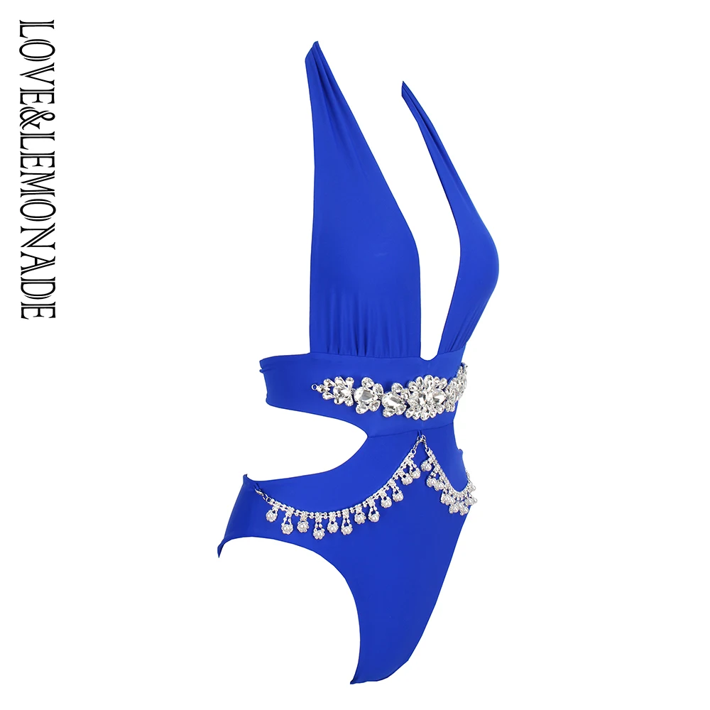 Женский облегающий костюм LOVE &amp LEMONADE синий с бахромой на плечах и глубоким