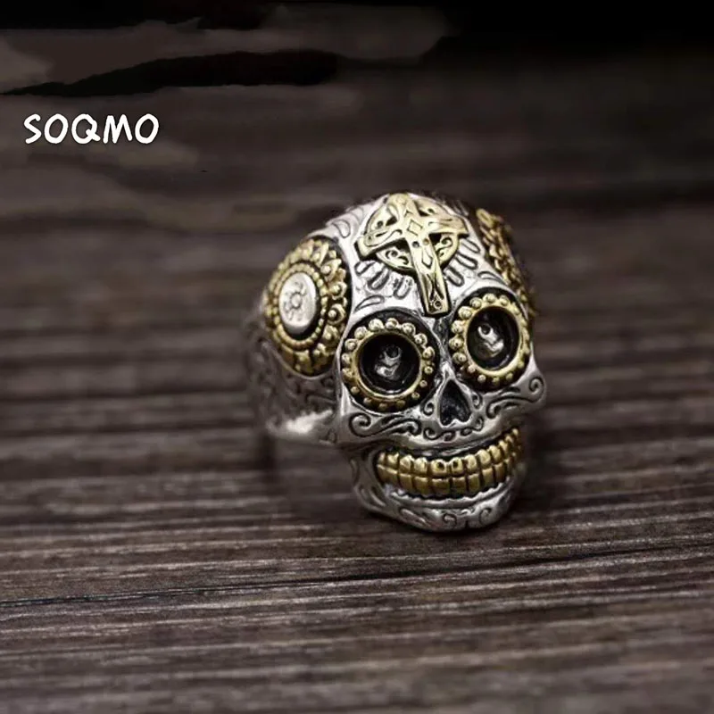 SOQMO роскошные твердые 925 пробы серебряный череп кольцо для мужчин винтаж панк рок крест золото большой тяжелый мужчин s готический кольца SQM107