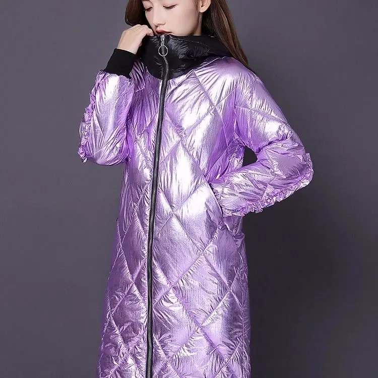 purple Модная яркая с капюшоном куртка с металлическим украшением золотистого и серебряного цветов Женская зимняя теплая длинная парка с хлопковой подкладкой новая куртка-бомбер уличная парка - Цвет: purple