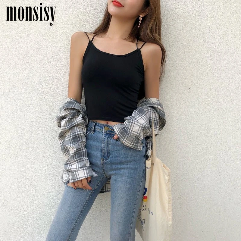 Женский короткий лифчик Monsisy однотонный бесшовный топ на бретельках с вырезом