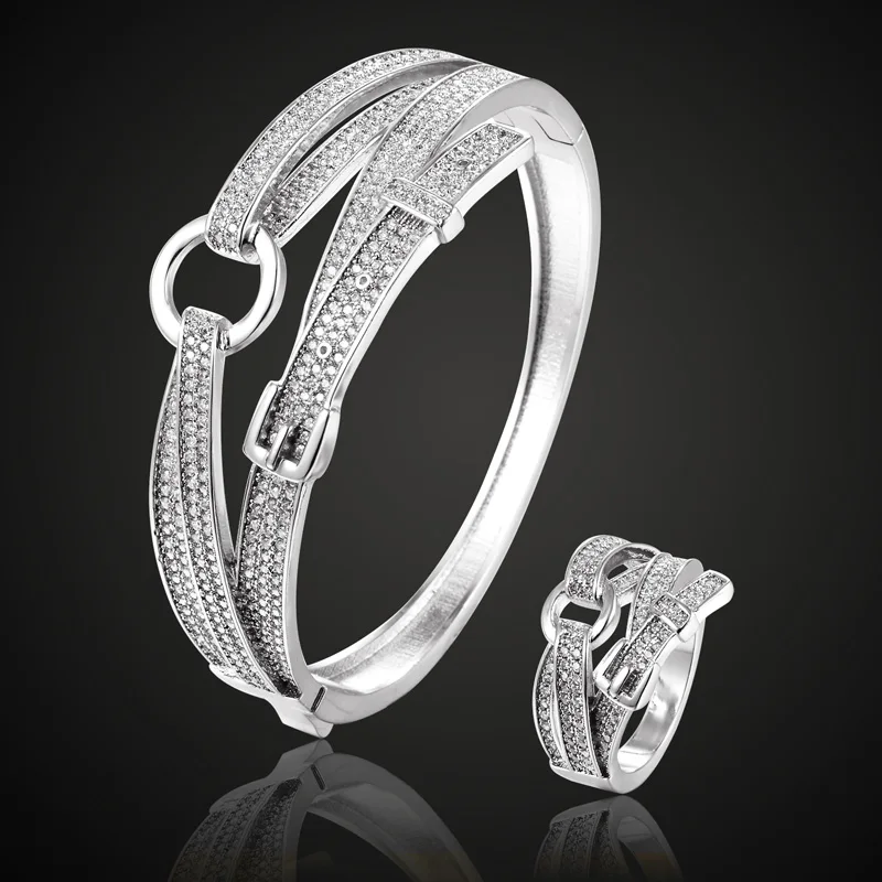 Набор женских ювелирных изделий из медного браслета и кольца с фианитом|jewelry sets