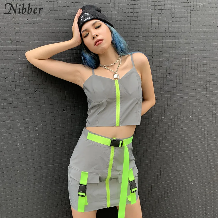 Nibber/распродажа, светоотражающие мини юбки, женские летние Клубные вечерние юбки, модные блестящие комплекты с поясом, лоскутные юбки в стиле хип-хоп, mujer