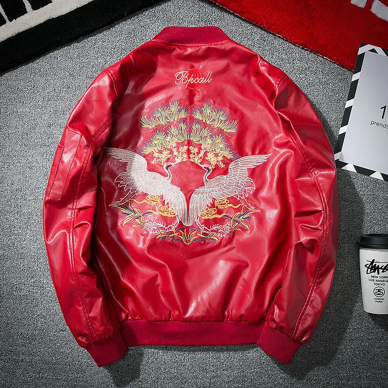 MANVALUE European and American High Street Tide Crane Embroidery Men's Autumn Air Force Pilot Suits PU Leather Jackets
