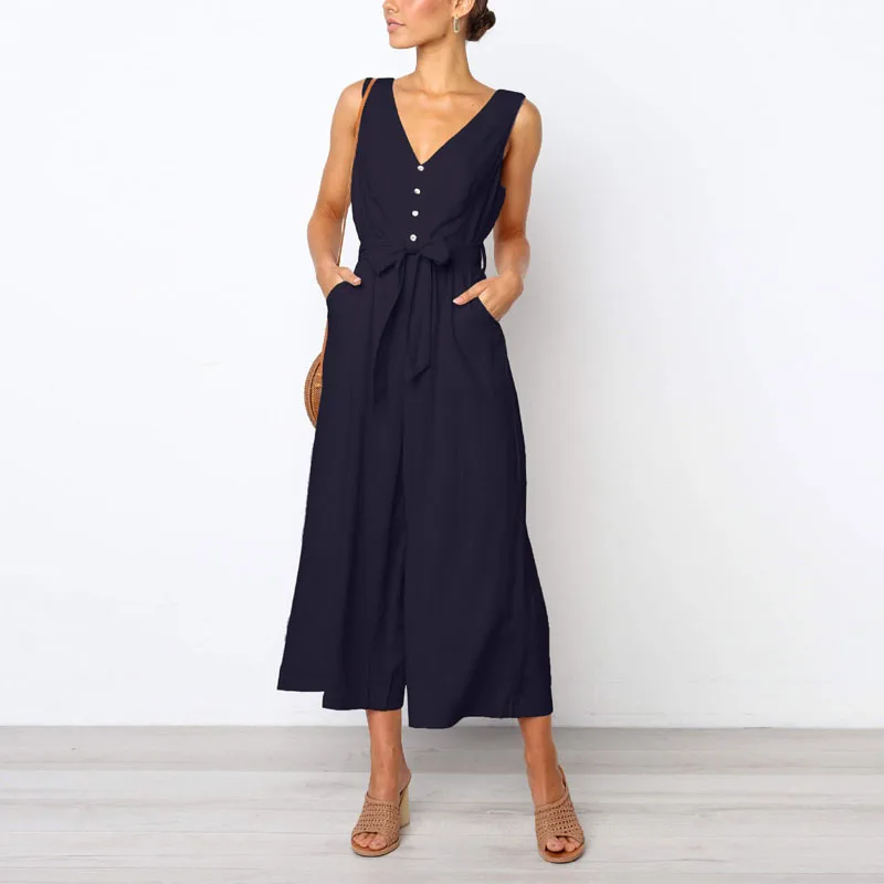 Женский свободный комбинезон с пуговицами Missufe v-образным вырезом и открытой