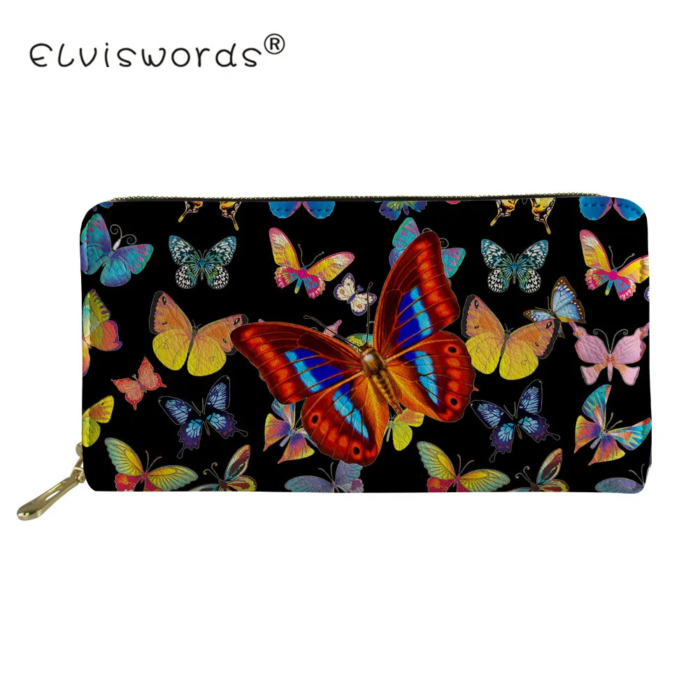 

ELVISWORDS PU Leather Long Wallets for Women Butterfly Print Lady Purse Female Coin Clutch With Zipper Card Holder Money Bags