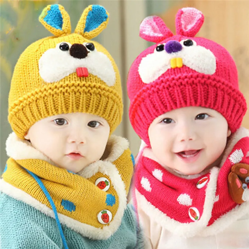 2 шт./компл. шапка шарф детская зимняя вязаная с кроликом теплые шапки для детей