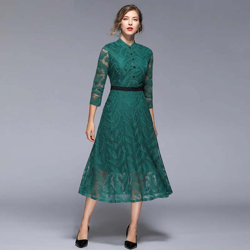 Women Summer Dress Stand Collar Three Quarter Sleeve Green Lace Vintage Elegant Party Dresses Vestidos de fiesta | Женская одежда