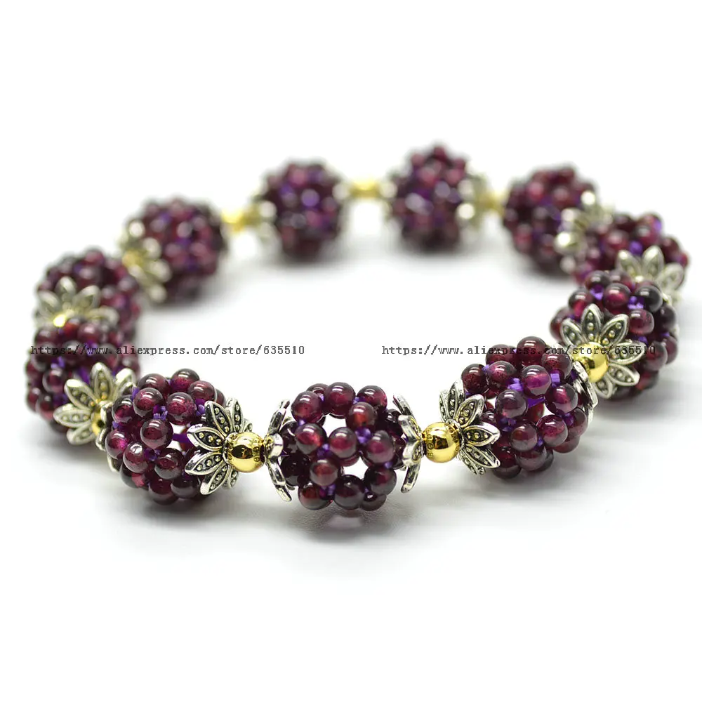Handmade Natural Garnet Round Beads Knotted 12mm Balls Elastic Line Bracelet Fashion Woman Jewelry Gift | Украшения и аксессуары