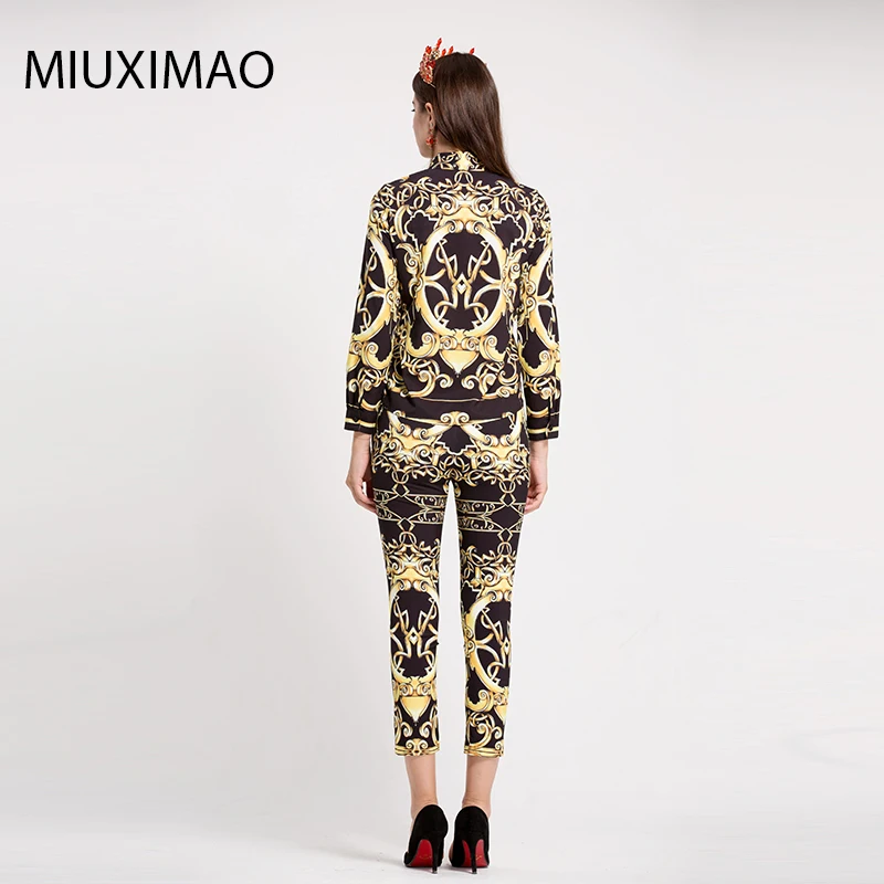

Fashion Suit Sets 2 Piece Women's Long Sleeve Bow Collar Shirt Tops Printed Casual Long Pants Set SuitElegant Slim Pant Suit