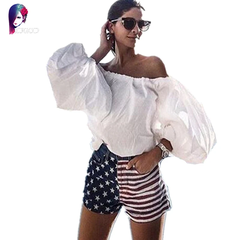 Ropa Mujer/Женские топы лето 2016 Стиль женские блузки с рукавом фонариком открытыми