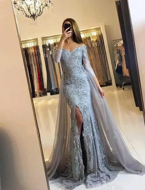same as photo Черные, серебряные мусульманские Вечерние платья с открытыми плечами Русалка 3/4 рукава Кружева щелевая ислам Дубаи кафтан Саудовской Аравии выпускное платье - Цвет: same as photo