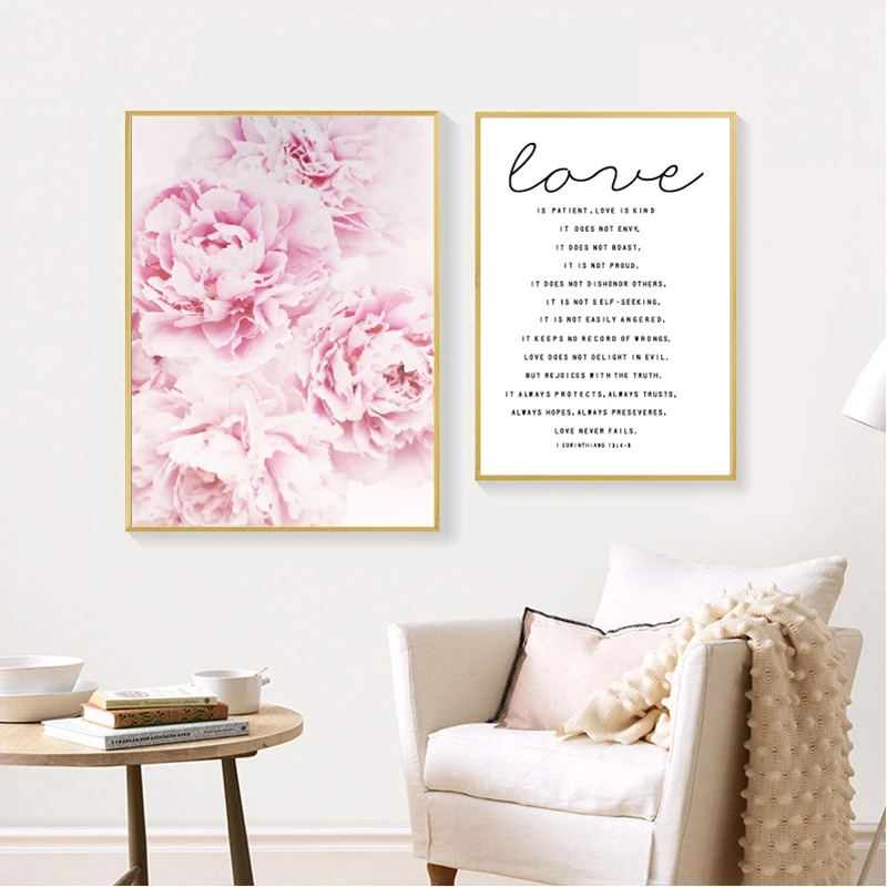 Розовый цветок пиона на холсте Печать плакатов любовь Цитата Современный арт в