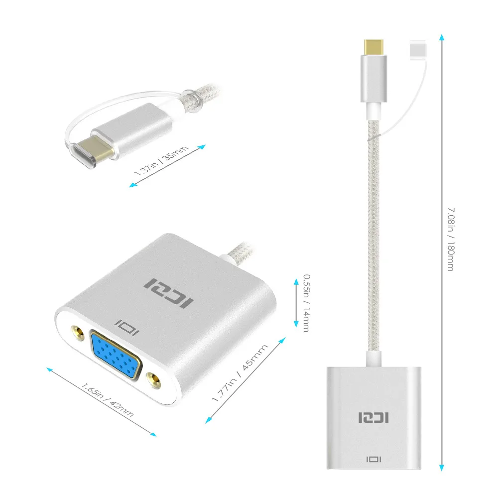 ICZI type C (USB 3 1 и Thunderbolt порта совместимый) USB адаптер VGA 1080P АЛЮМИНИЕВЫЙ корпусный