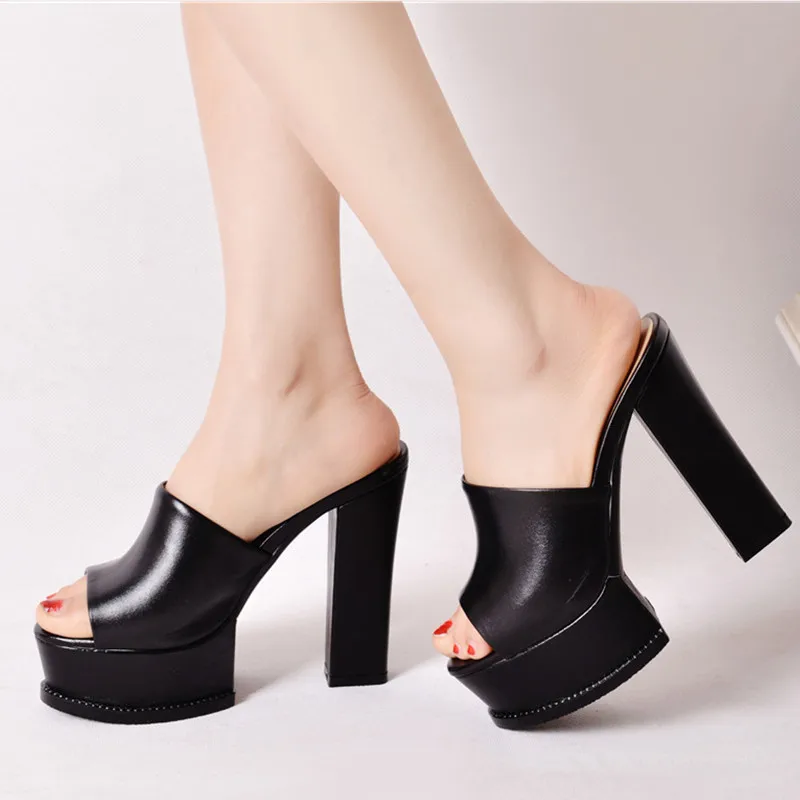 Мюли женские из натуральной кожи шлепанцы на платформе и толстом высоком каблуке