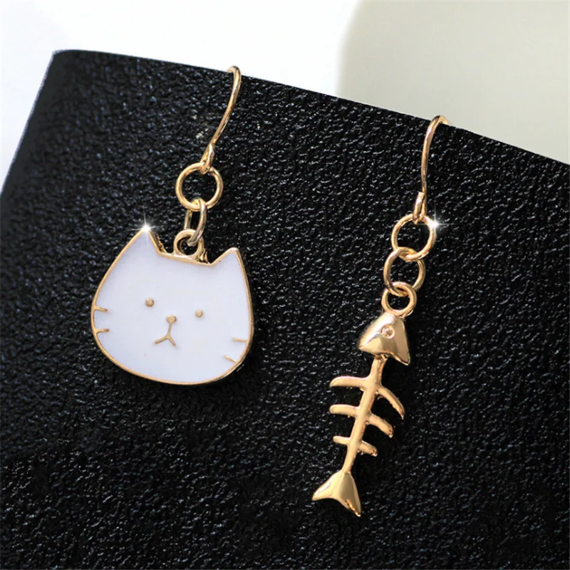 Новые милые асимметричные серьги рыбки с котом Kawaii Kitten Fishbone висячие для женщин