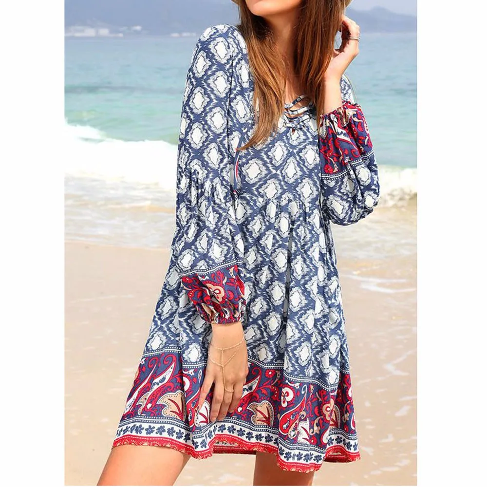 Robe de plage femme ete 2019 женское богемное Платье с принтом в национальном стиле