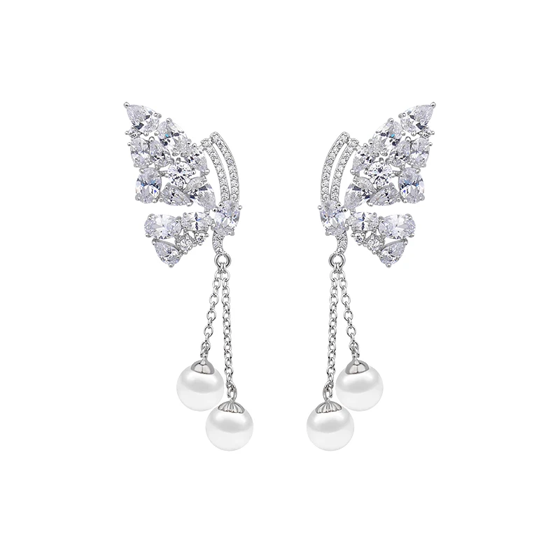 Янь Мэй высокое качество бабочка жемчуг кисточкой циркон серьги белого золота