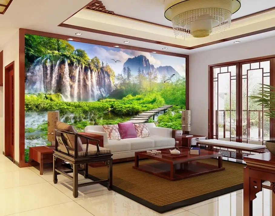 3d стереоскопические обои пейзаж водопад сад фон стены картина деревянный птичий
