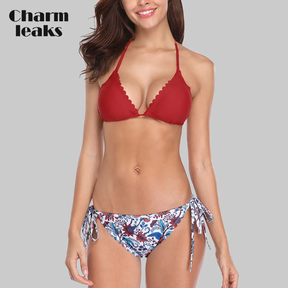 

Charmleaks Women Scalloped Bikini Sets Floral Print Bikini Halter Top Swimwear Bandage Sexy Swimsuit Beachwear