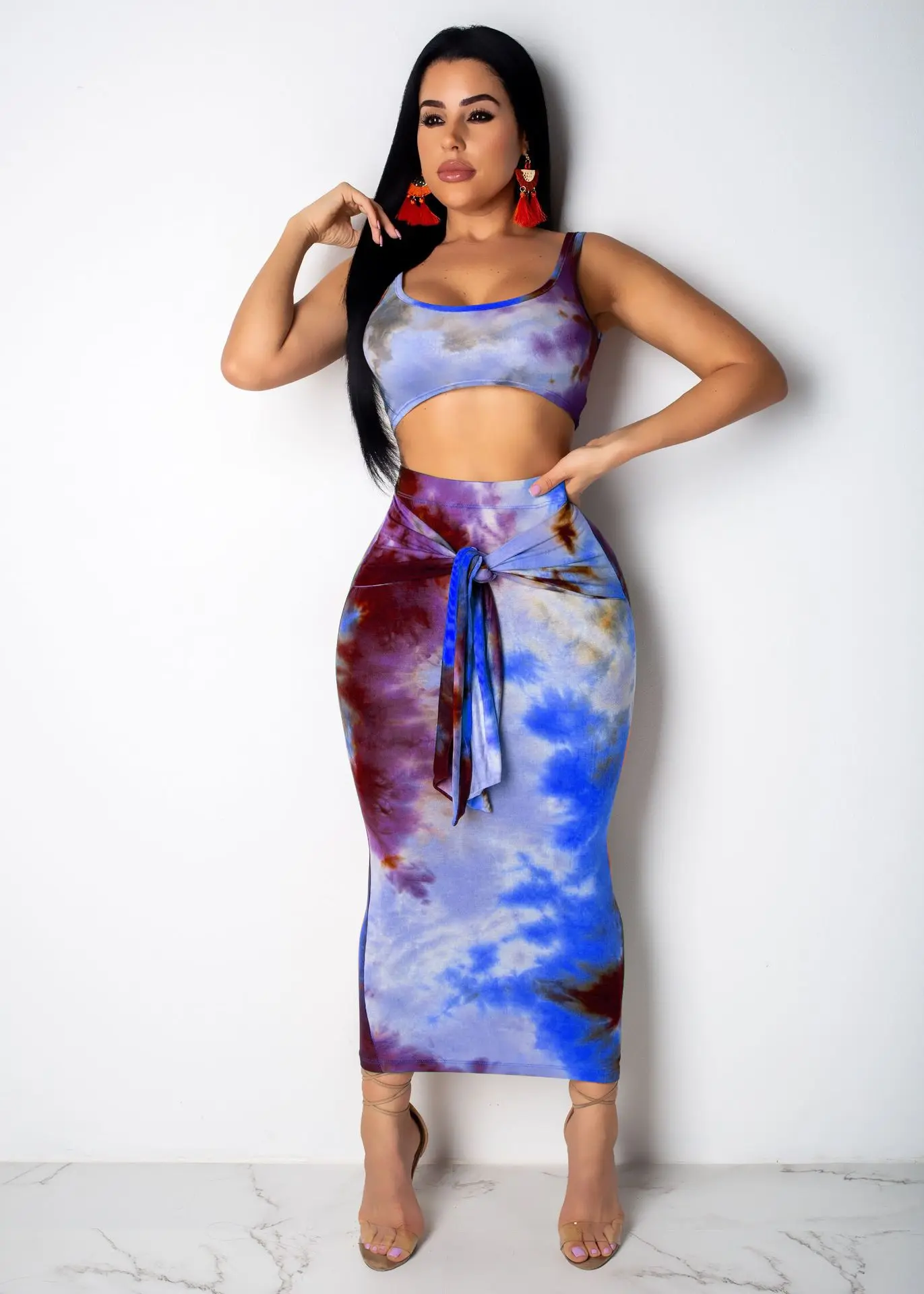 Женский облегающий костюм миди без рукавов жилет с принтом и завязками по