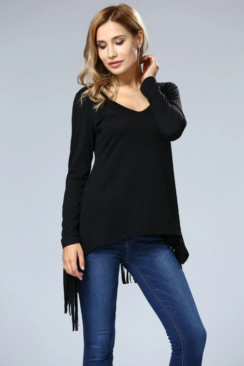 Free Shipping Black Casual Deep V-Neck Fringe Plain Long Sleeve T-Shirt For Women 3SZ60011 | Женская одежда