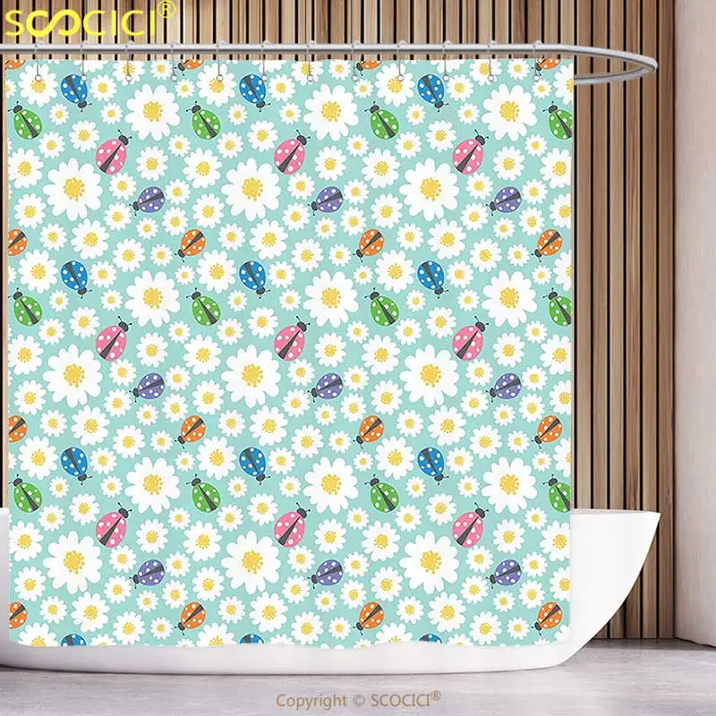 

Стильная занавеска для душа, украшения божьих коровок, красочные маргаритки и божьи коровки, изображение, удачи, очарование, откройте для себя настоящую концепцию