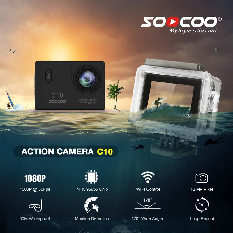 Новинка SOOCOO C10 Full-HD спортивная Экшн-камера NOVATEK96655 с Wifi cam 1080p 12MP 170 градусов широкоугольный объектив водонепроницаемый 900mah