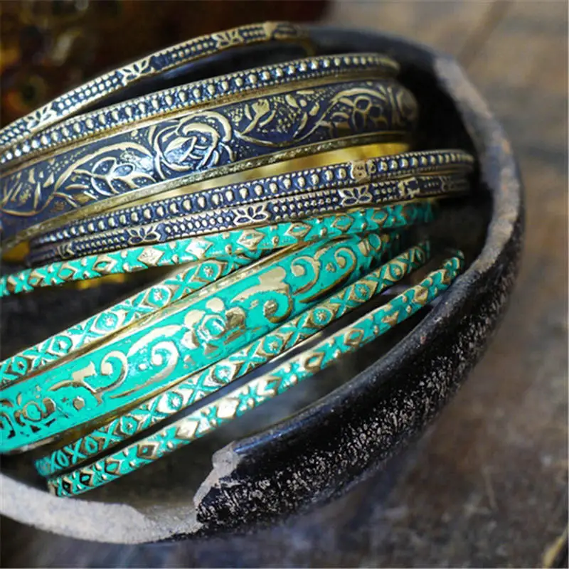 Винтажный тонкий браслет в индийском стиле 5 шт. цветной латунный бохо и