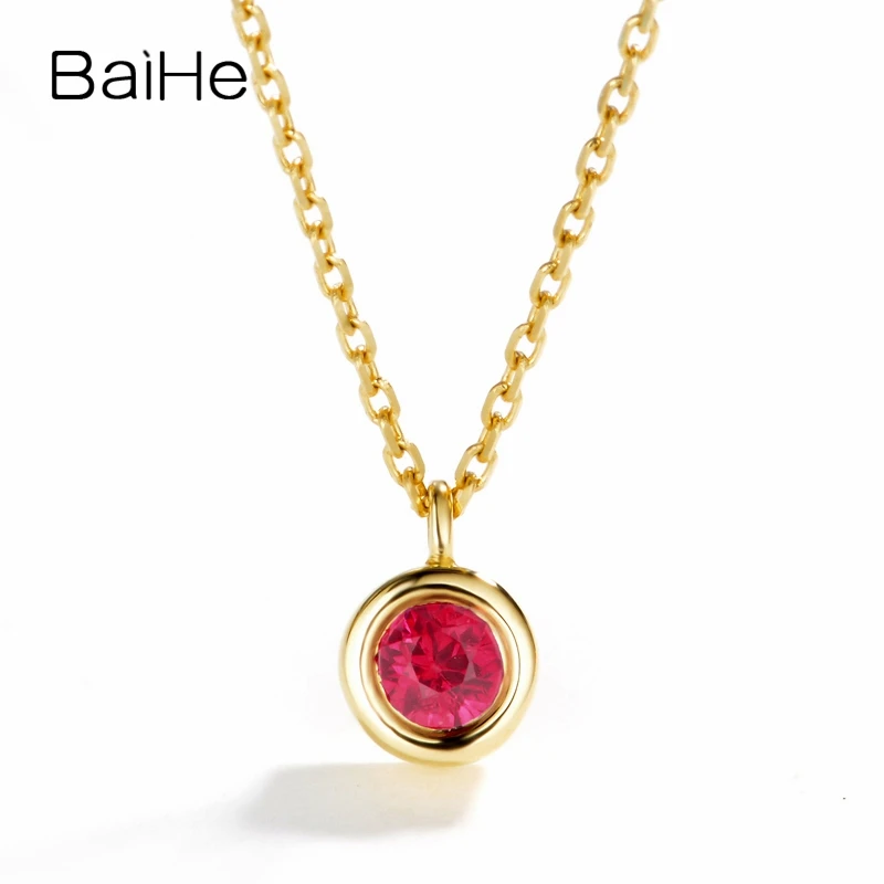 

BAIHE Solid 18K Yellow Gold 0.14ct Round Natural Ruby Engagement Fine Jewelry Casual simple Ruby Round Pandant Necklaces