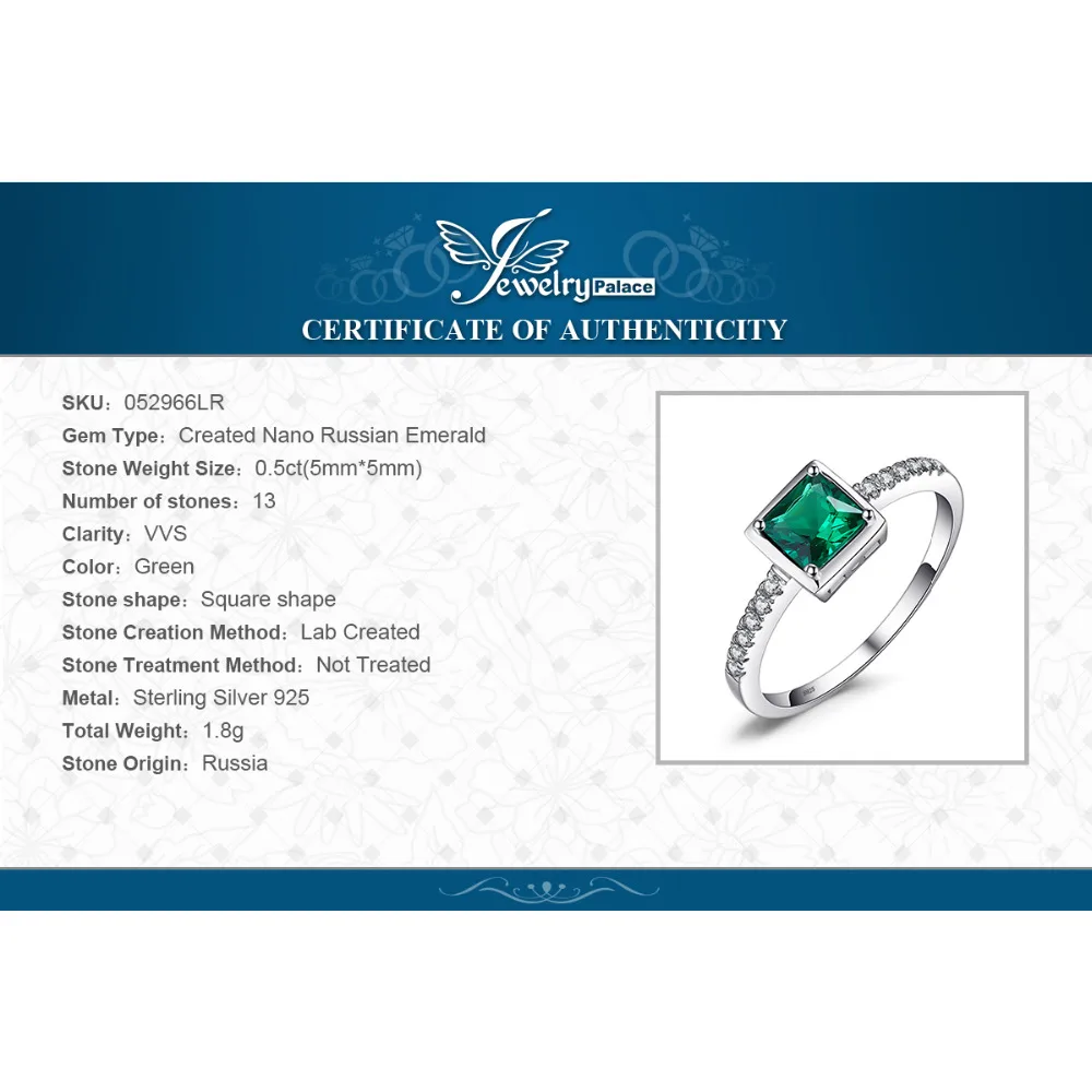 

JewelryPalace Square Created Nano Emerald Ring 925 Sterling Silver Rings for Women Engagement Ring Silver 925 Gemstones Jewelry