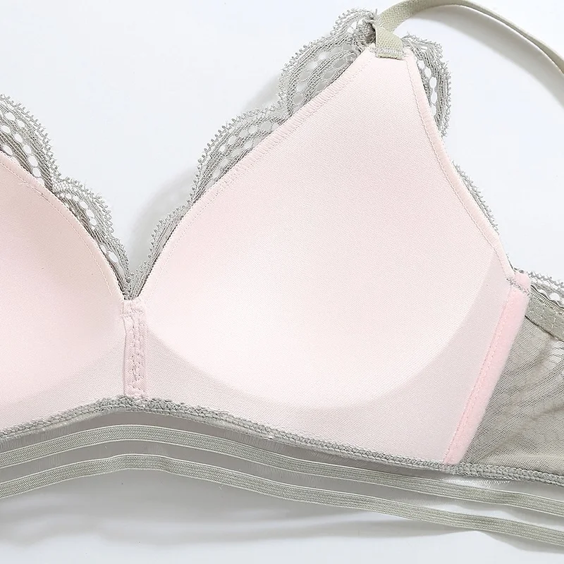 Illusory 2018 New Women Fashion Pink Lace Jacquard Bow Trim Wireless Sexy Lingerie Set Cotton Panties Padded Seamless Bra Sets | Женская