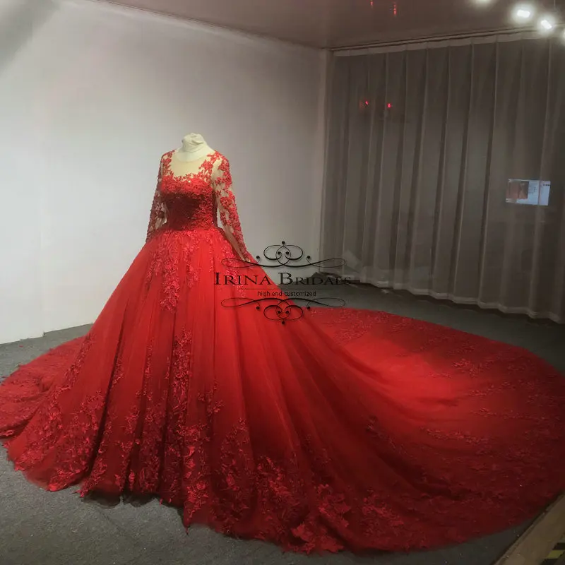 Irina Bridals настоящие фотографии Высокое качество Кружева Аппликации роскошный красный свадебное платье