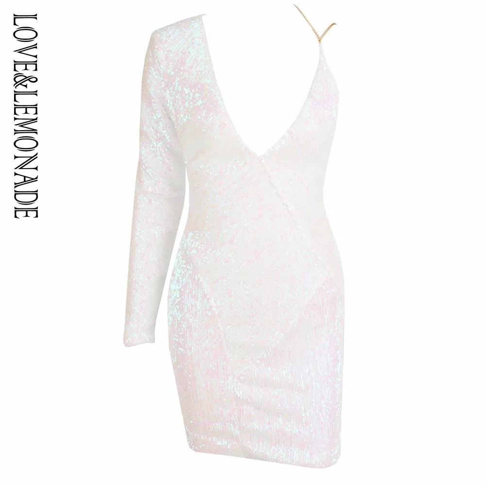 Женское облегающее платье LOVE & LEMONADE белое эластичное с V образным вырезом