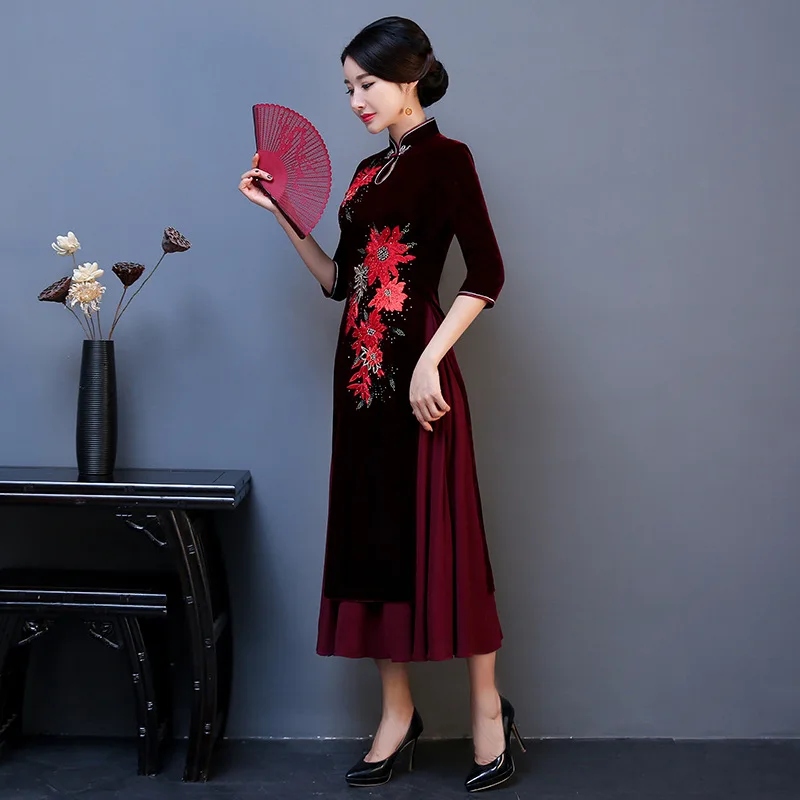 Большие размеры 3XL 4XL для женщин Aodai Cheongsam Осень Зима Бархат китайский воротник Qipao изысканная вышивка цветочное китайское платье