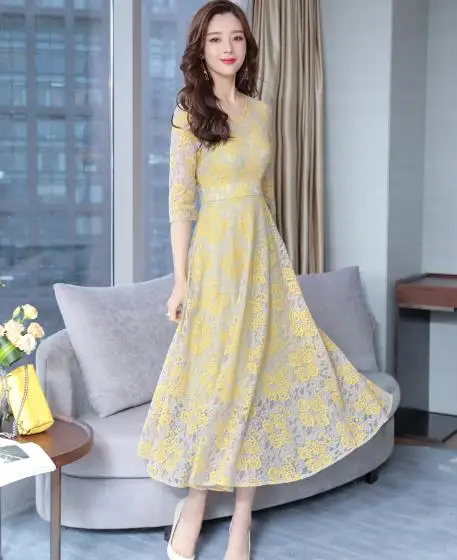 Casual Slim Women 2019 Elegant Hollow Out Lace Dress Vintage Long A-Line Party Dresses Female Plus Size LJ39 | Женская одежда