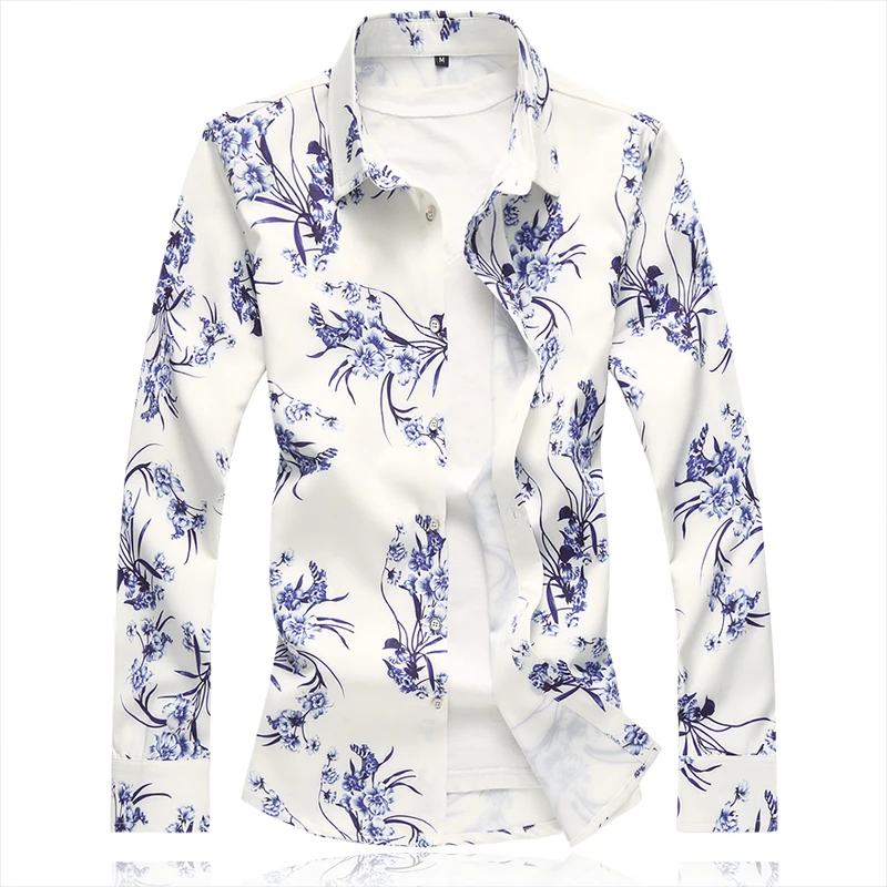 

Fashion Men Business Print Shirt 2022 New Wedding Party Tuxedo Homme Long Sleeve Dress Tops Size 7XL-S