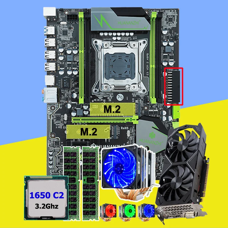 HUANAN Чжи X79 Pro Материнская плата с двумя M.2 видео слот карты GTX1050Ti 4G Процессор Xeon E5 1650 3,2 ГГц охладитель Оперативная память 16G(2*8G) ECC REG