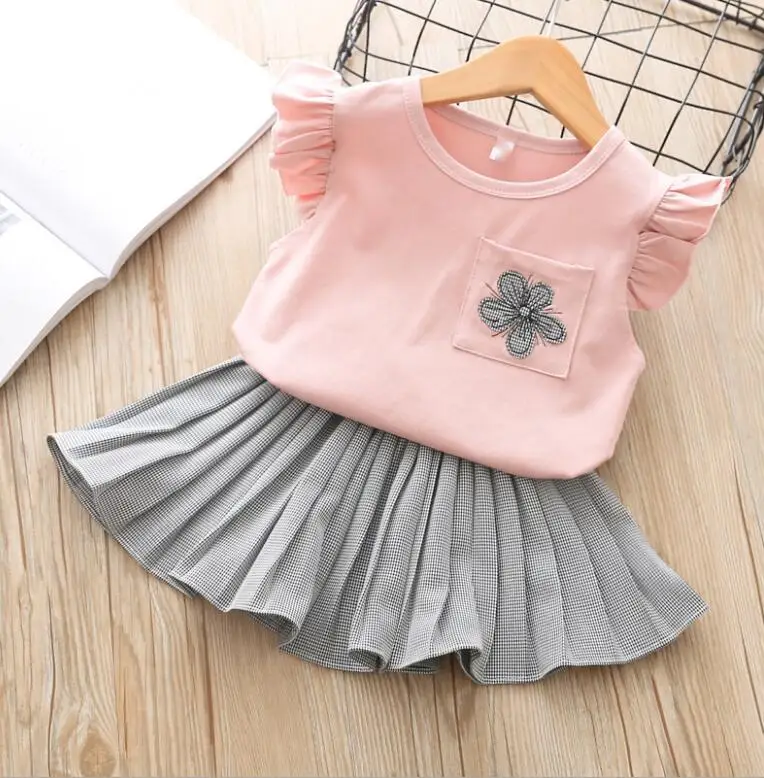 2018 хлопок летние комплекты для маленьких девочек принцесса костюмы топ + складки