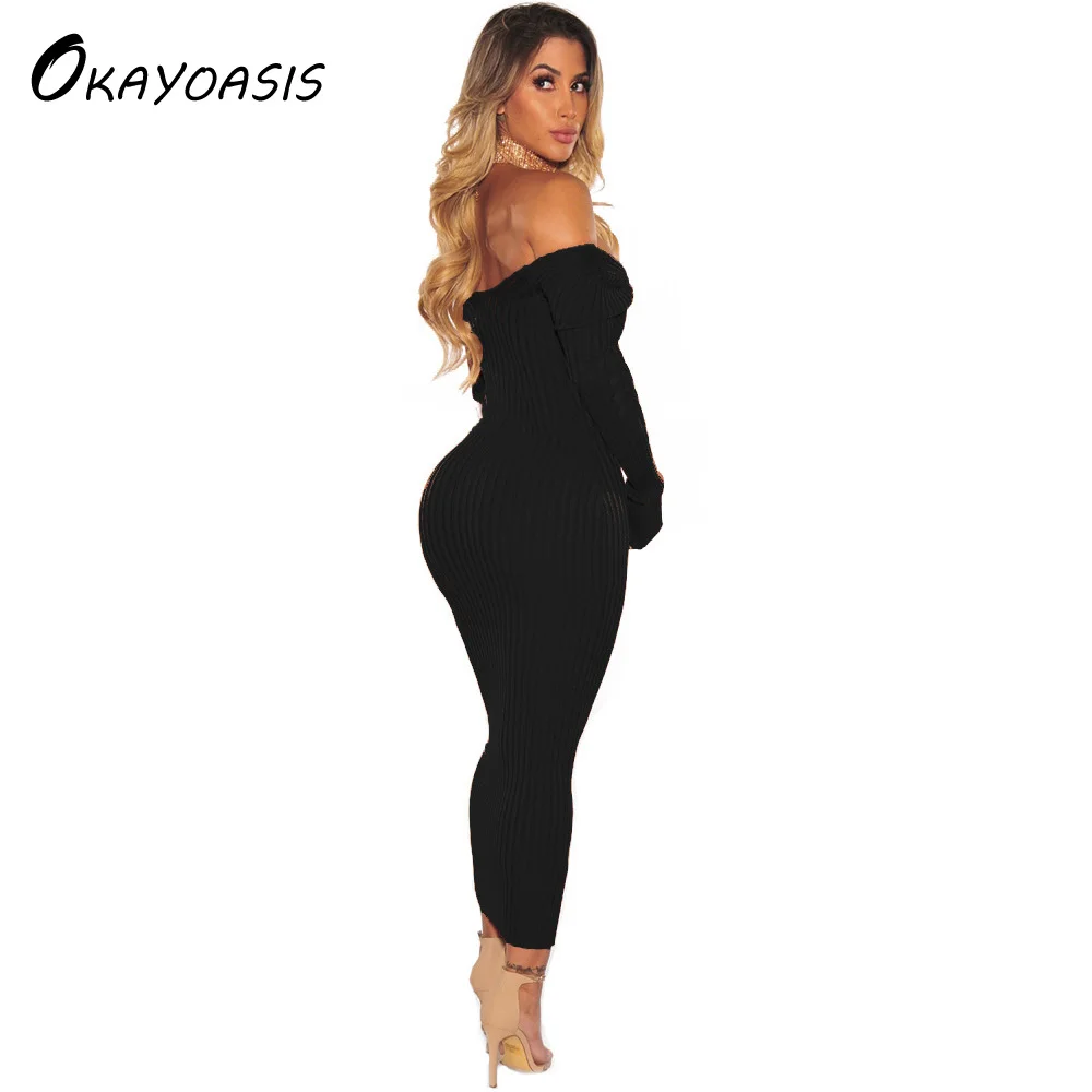 Женское платье OKAYOASIS Осеннее облегающее с длинным рукавом и вырезом лодочкой |