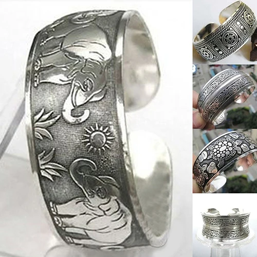 

Vintage Tibetan Silver Elephant Carved Open Bangle Cuff Wide Bracelet Jewelry NEW Gypsy Square Flower Metal Tibetan Silver