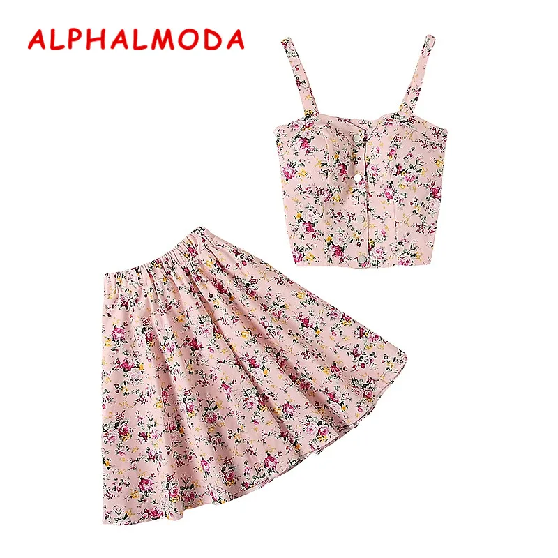 Розовый ALPHALMODA, Новое поступление, однобортный цветочный топ на бретелях+ мини-юбка, женские летние комплекты из 2 предметов, эластичный укороченный топ, костюмы с юбкой в стиле бохо - Цвет: Розовый