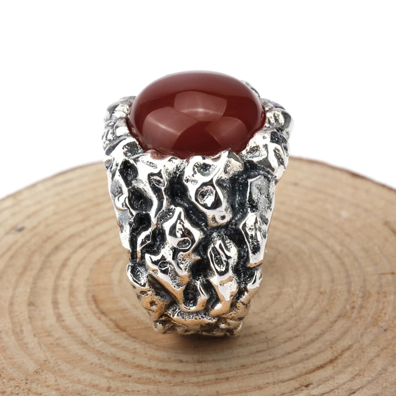 Adjustable Mens Ring 925 Sterling Silver Punk Big Carved Red Agate Stone Engraved Unique Party Jewelry | Украшения и аксессуары