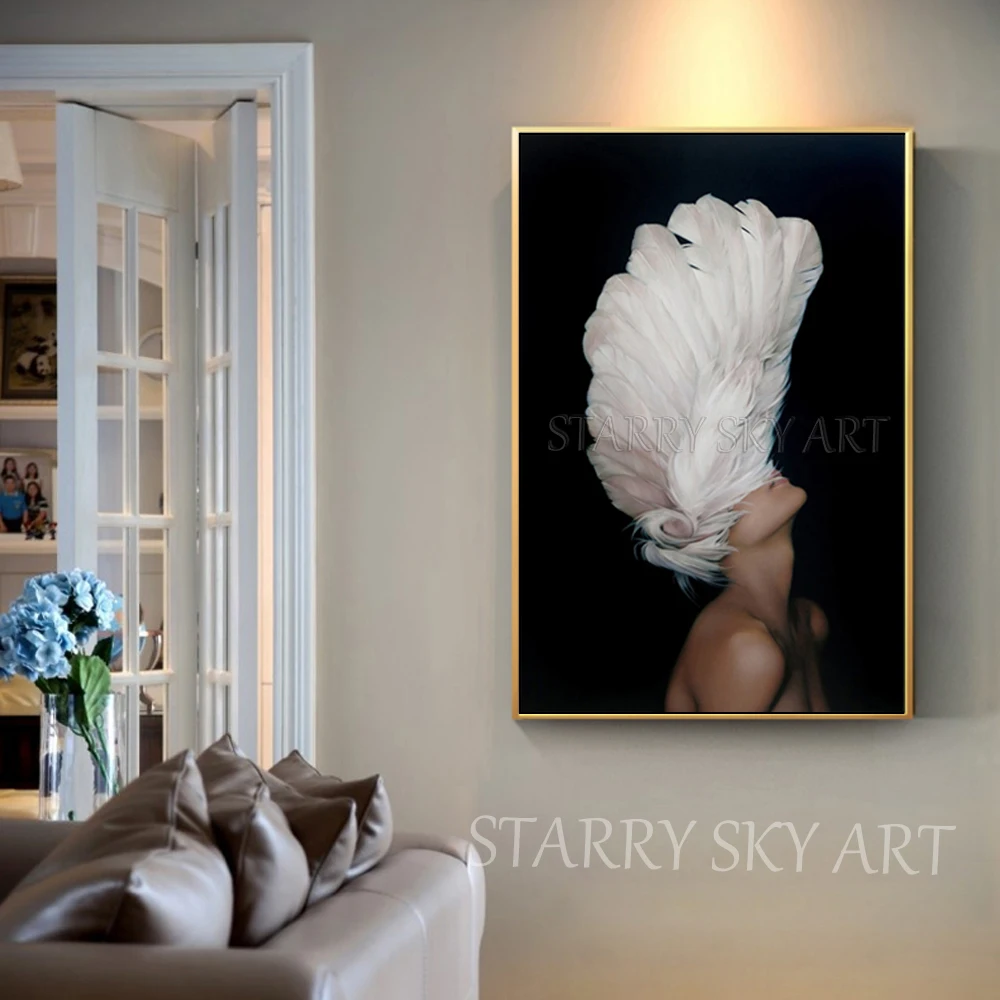 Professional Artist Hand-painted High Quality Lady with Feather Oil Painting on Canvas Modern Fine Art Figure | Дом и сад