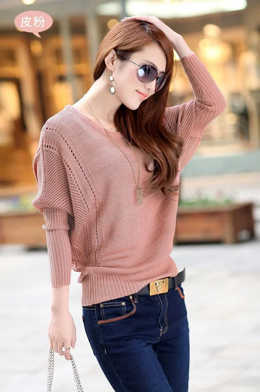 Spring Cutout Loose Plus Size Outerwear Solid Color Bat Sweater Female sweaters bat sleeve women fashion pullovers | Женская одежда