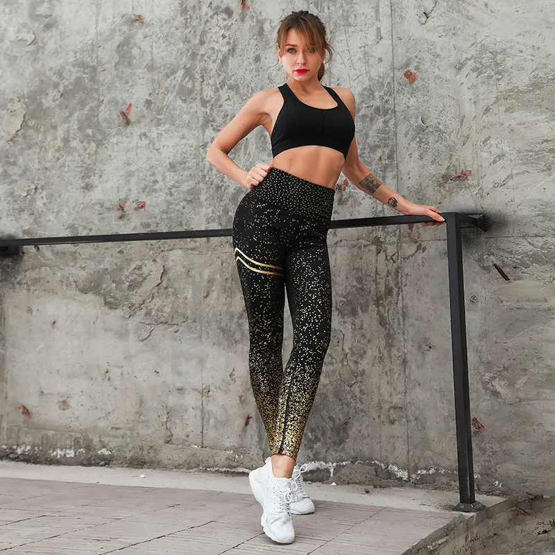 gold suit 2pcs Леггинсы для фитнеса с высокой талией, женские леггинсы с золотым принтом для тренировок, женская спортивная одежда, леггинсы для фитнеса, штаны для фитнеса, розовые - Цвет: gold suit 2pcs