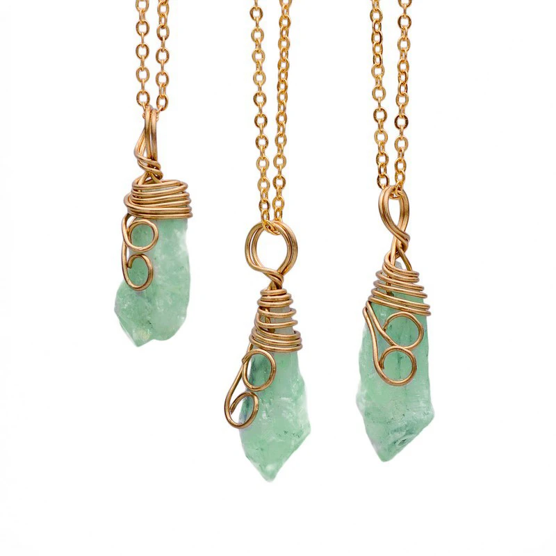 

9pcs Wholesale Handmade Rainbow Wire Wrapped Raw Natural Stone Women Pendant Necklace Pink Quartz Crystal Gem Necklaces