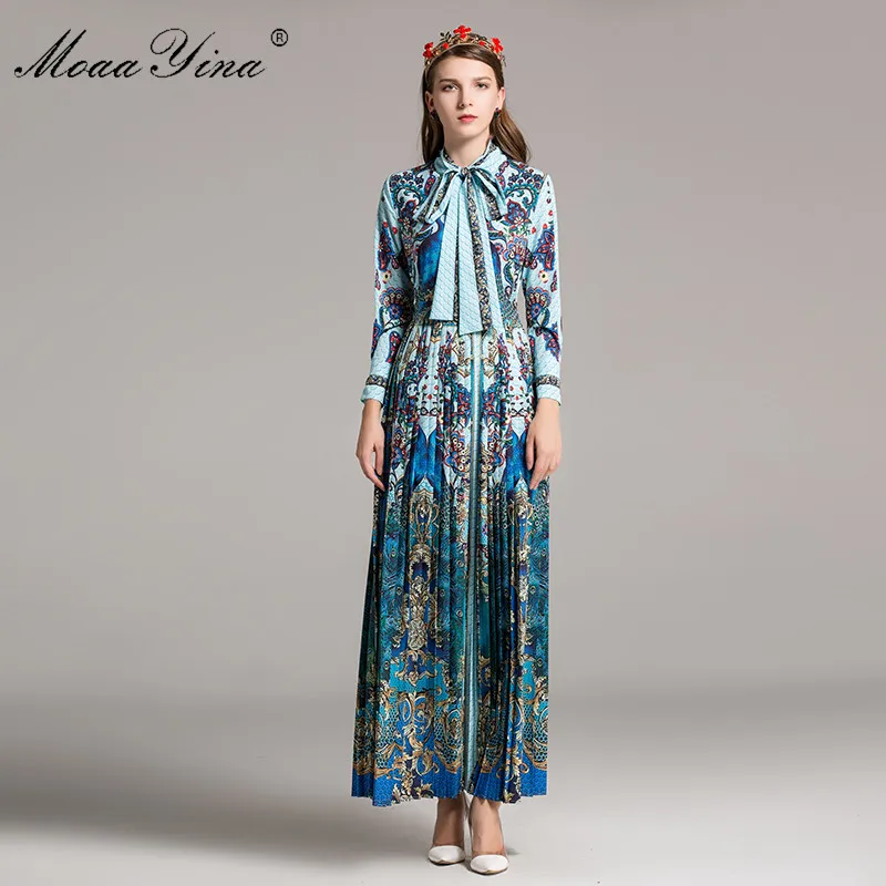 

MoaaYina модное дизайнерское подиумное классическое платье макси весеннее женское длинное платье с длинным рукавом с ленточным принтом павлин...