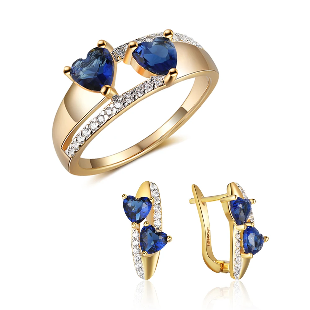 

Blue Double Heart Romantic Earrings/Rings Set Fashion Love Engagement Wedding Jewelry Set for Women (JS100640)